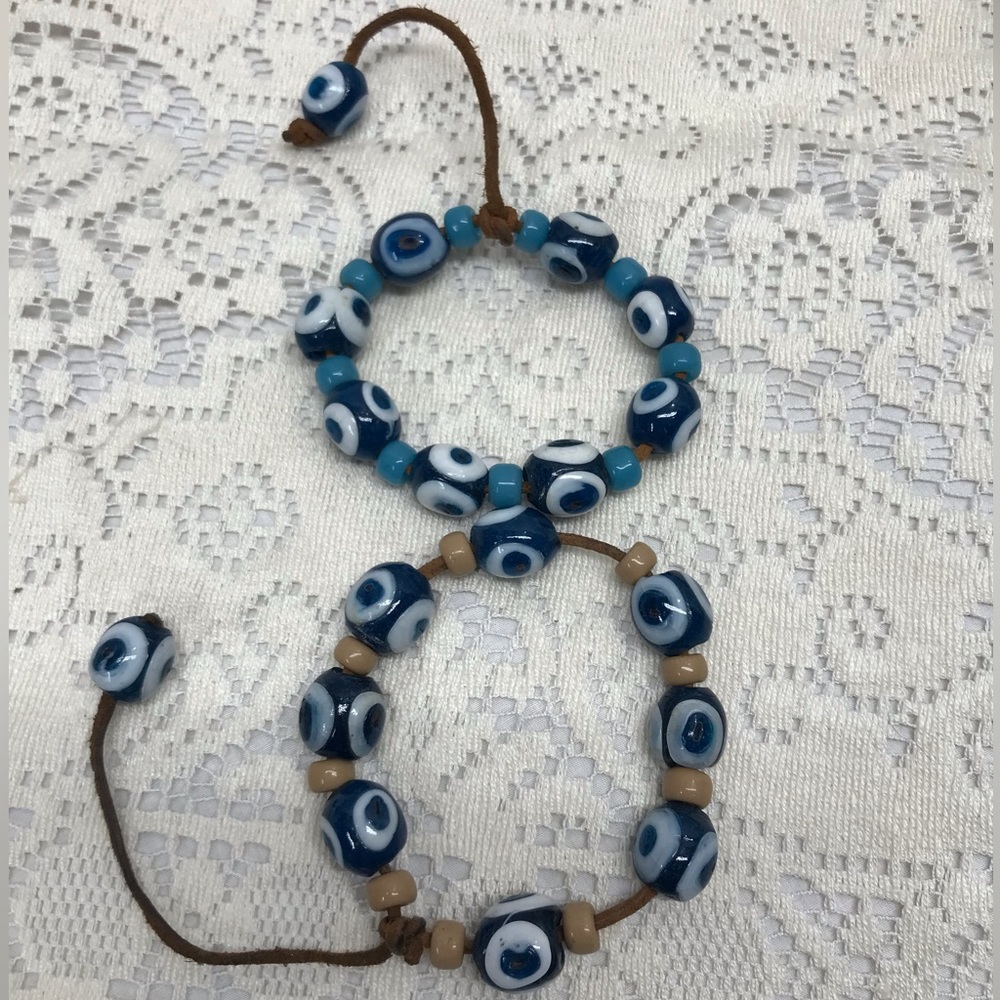 Natural Stone Evil Protective Eye Bracelet Leather Cord Strung Set Of 2